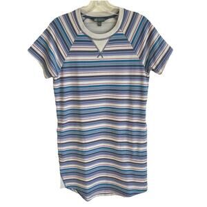 Title Nine Hideaway Sweatshirt Dress Blue Horizon Stripe Short Sleeve Size XS